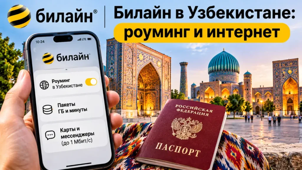 Билайн в Узбекистане — роуминг, мобильный интернет, смартфон и российский загранпаспорт на фоне Самарканда