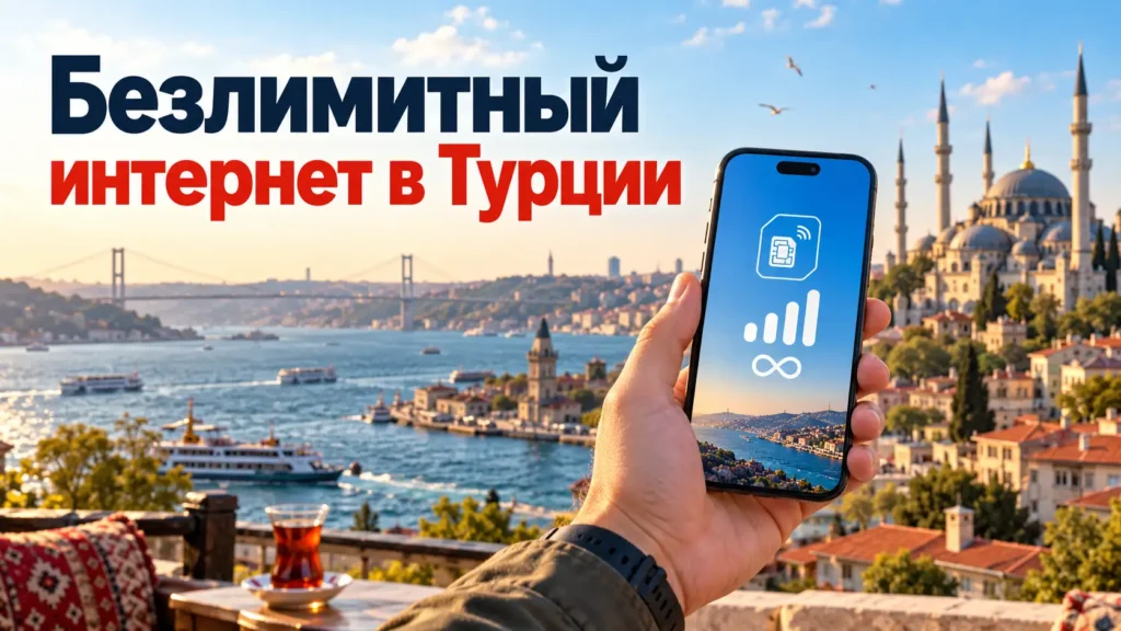 Безлимитный интернет в Турции — смартфон с eSIM на фоне Стамбула, мобильная связь и интернет для туристов