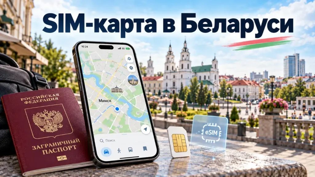 SIM-карта в Беларуси — смартфон с картой Минска, российский загранпаспорт, SIM-карта и eSIM