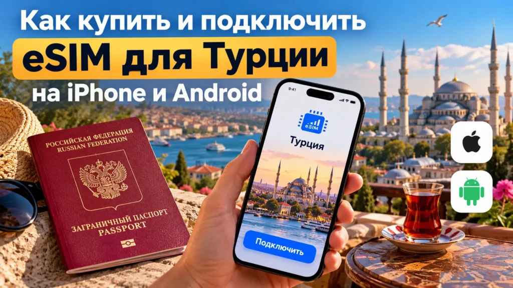 Как купить и подключить eSIM для Турции на iPhone и Android — смартфон и российский загранпаспорт на фоне Стамбула