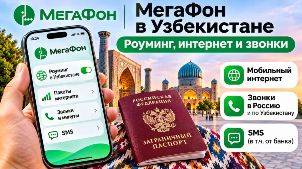 МегаФон в Узбекистане — роуминг, мобильный интернет, смартфон и российский загранпаспорт на фоне Самарканда