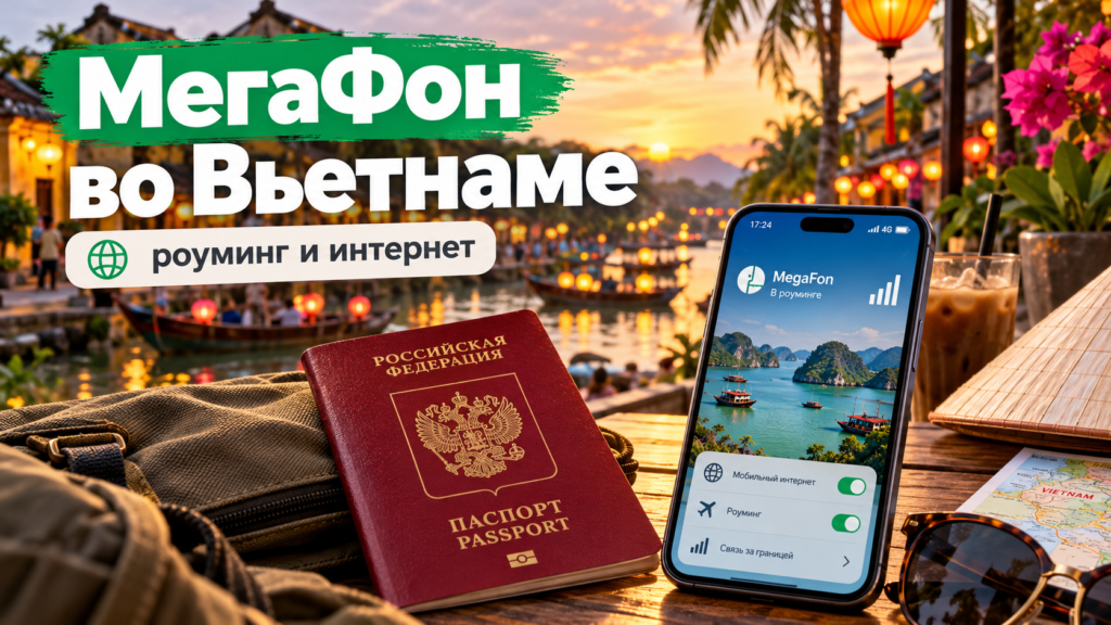 МегаФон во Вьетнаме — роуминг, мобильный интернет и российский загранпаспорт на фоне города Хойан