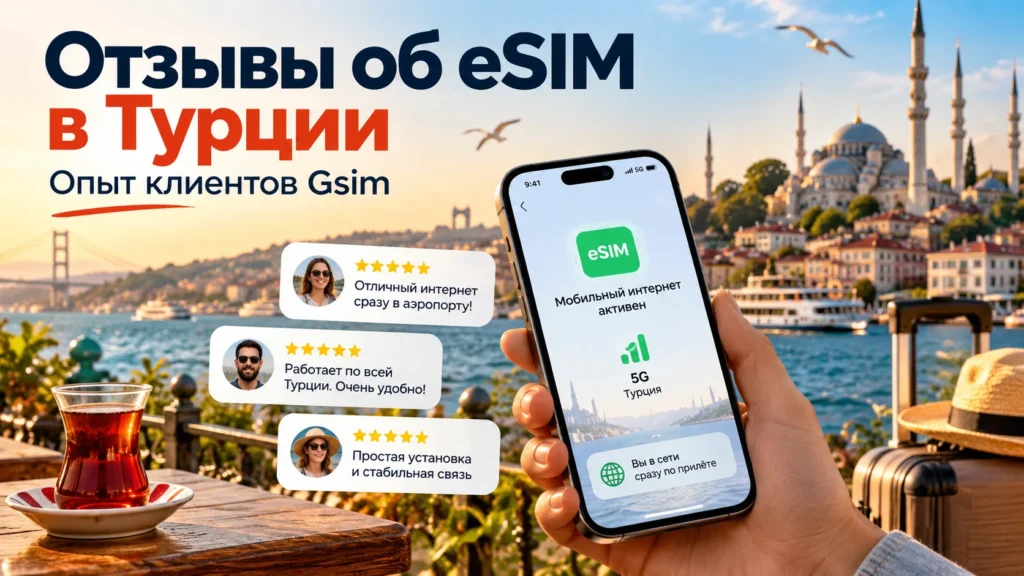 Отзывы об eSIM в Турции — опыт клиентов Gsim, мобильный интернет на смартфоне на фоне Стамбула
