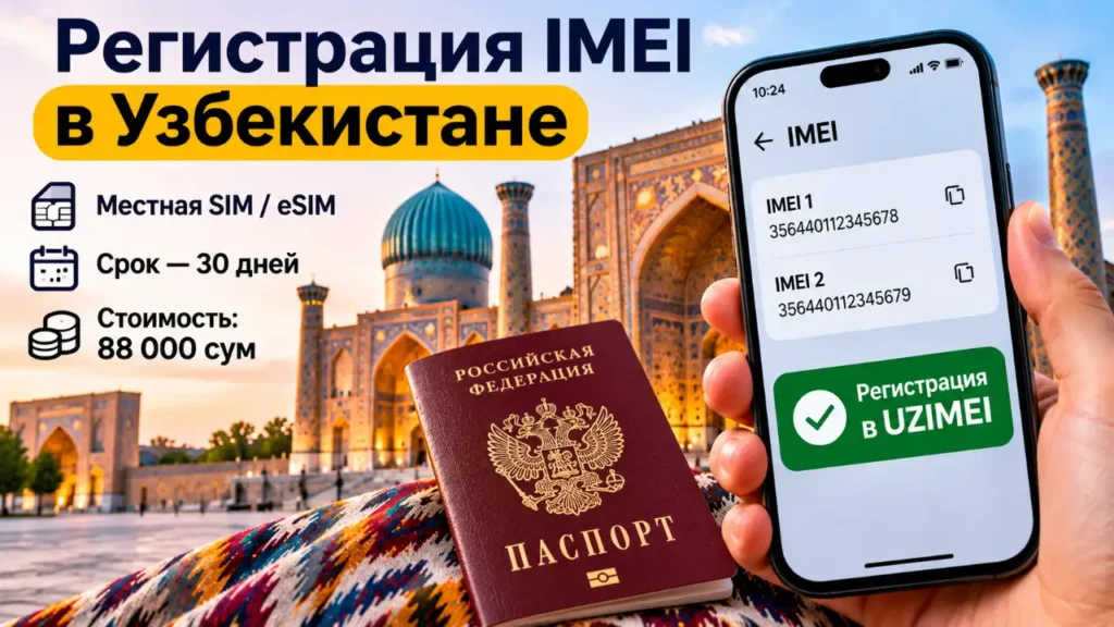 Регистрация IMEI в Узбекистане — смартфон с проверкой IMEI, российский загранпаспорт и Самарканд на фоне