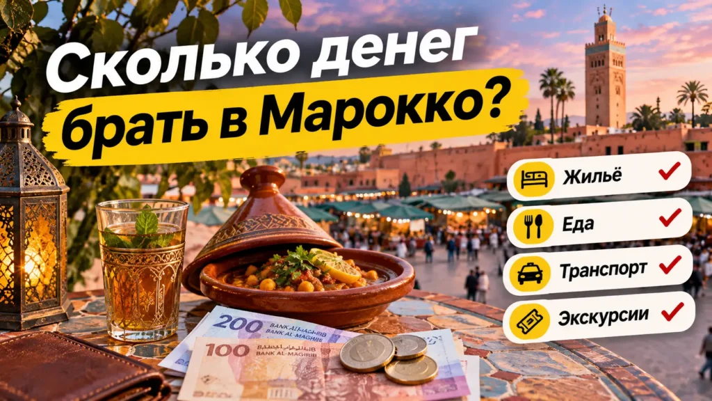 Сколько денег брать в Марокко — марокканские дирхамы, кошелёк, чай и тажин на фоне Марракеша