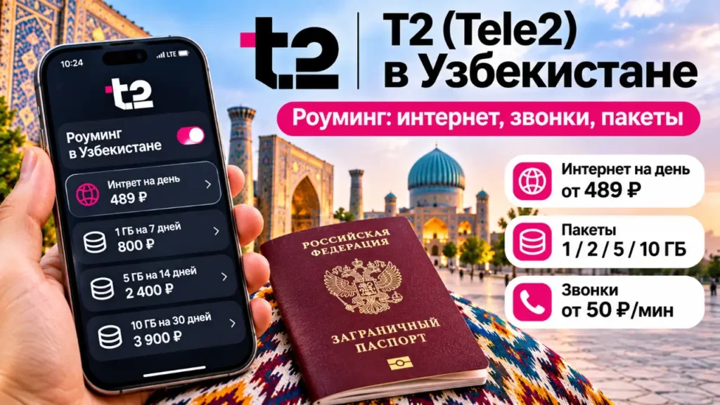 T2 (Tele2) в Узбекистане — роуминг, мобильный интернет, смартфон с тарифами и российский загранпаспорт на фоне Самарканда
