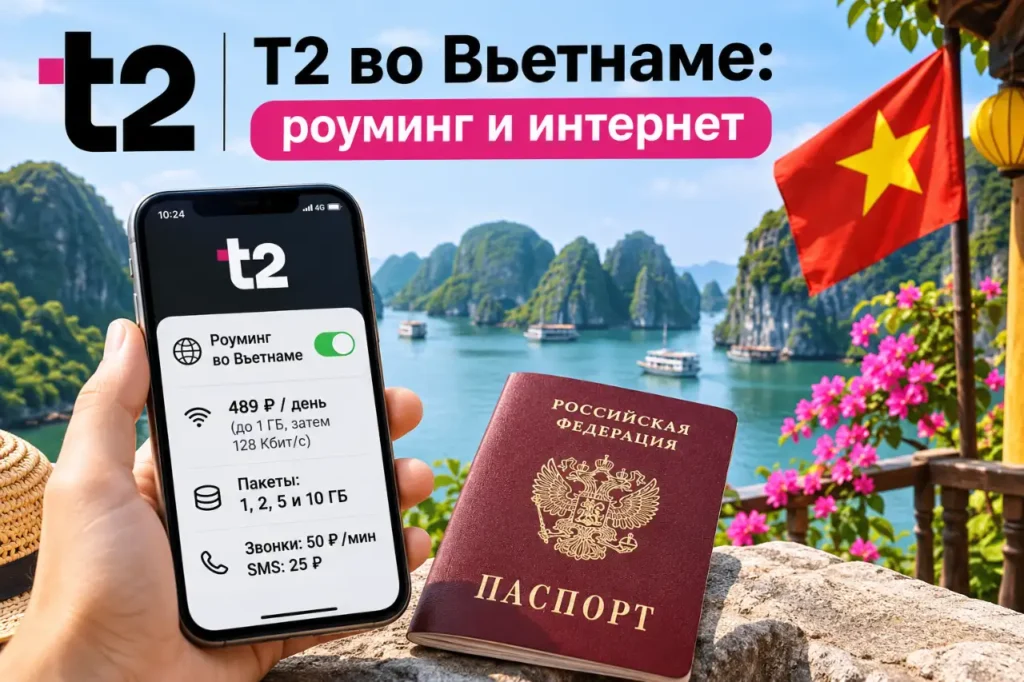 T2 (Tele2) во Вьетнаме — роуминг, мобильный интернет и российский загранпаспорт на фоне бухты Халонг