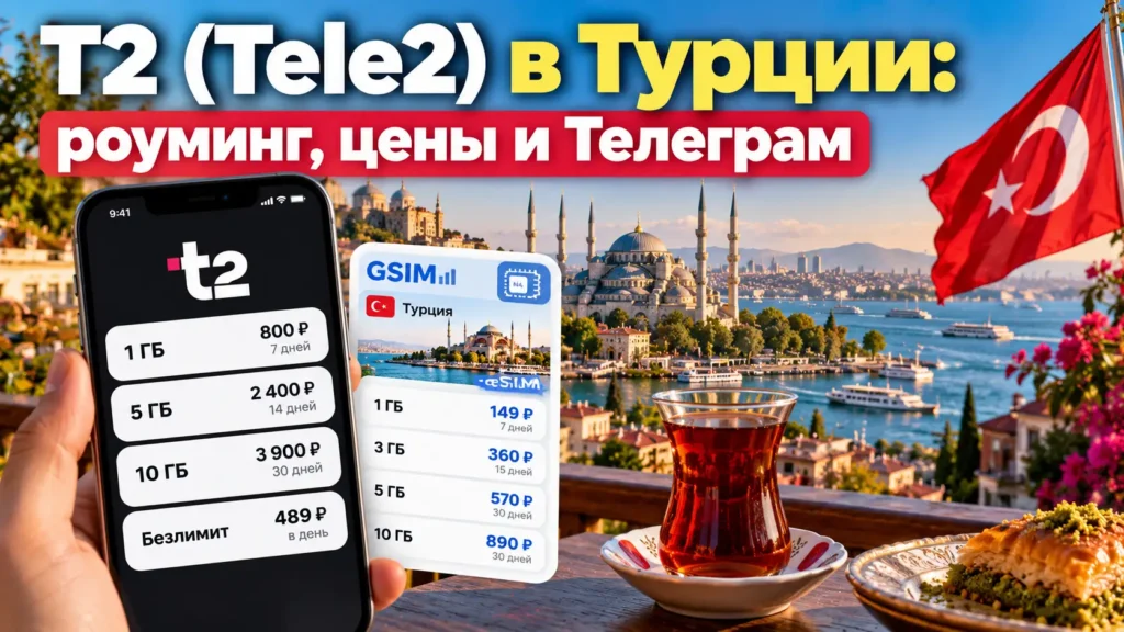 Роуминг T2 (Tele2) в Турции — сравнение цен на мобильный интернет с eSIM GSIM на фоне Стамбула